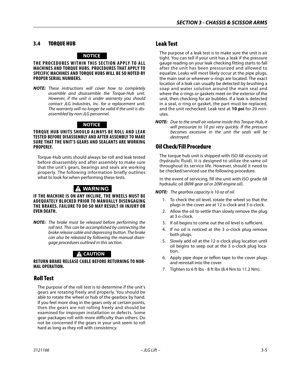 4 torque hub, Roll test, Leak test | Oil check/fill procedure, Torque hub -5 | JLG 3246ES Service Manual User Manual | Page 41 / 222