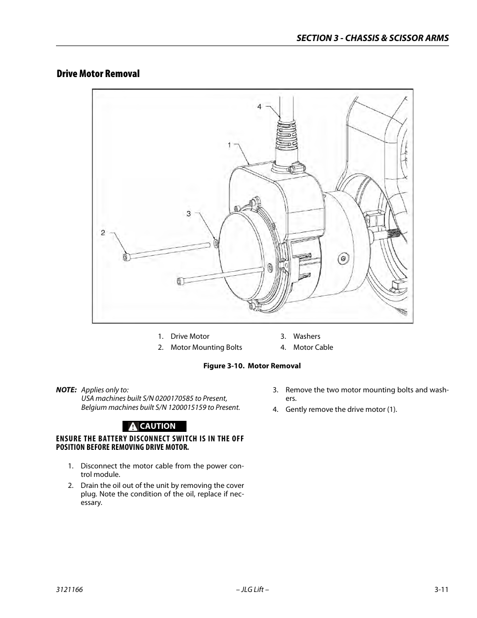 Drive motor removal, Drive motor removal -11, Motor removal -11 | JLG 3246ES Service Manual User Manual | Page 47 / 222