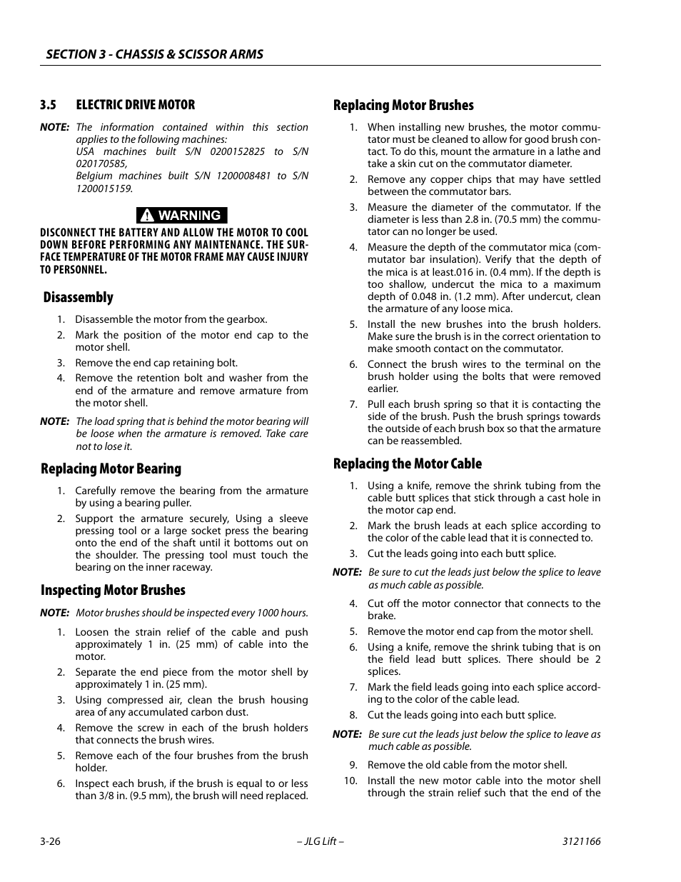 5 electric drive motor, Disassembly, Replacing motor bearing | Inspecting motor brushes, Replacing motor brushes, Replacing the motor cable, Electric drive motor -26 | JLG 3246ES Service Manual User Manual | Page 62 / 222