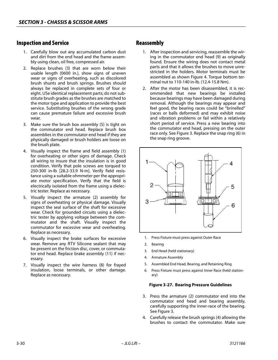 Inspection and service, Reassembly, Inspection and service -30 reassembly -30 | Bearing pressure guidelines -30 | JLG 3246ES Service Manual User Manual | Page 66 / 222