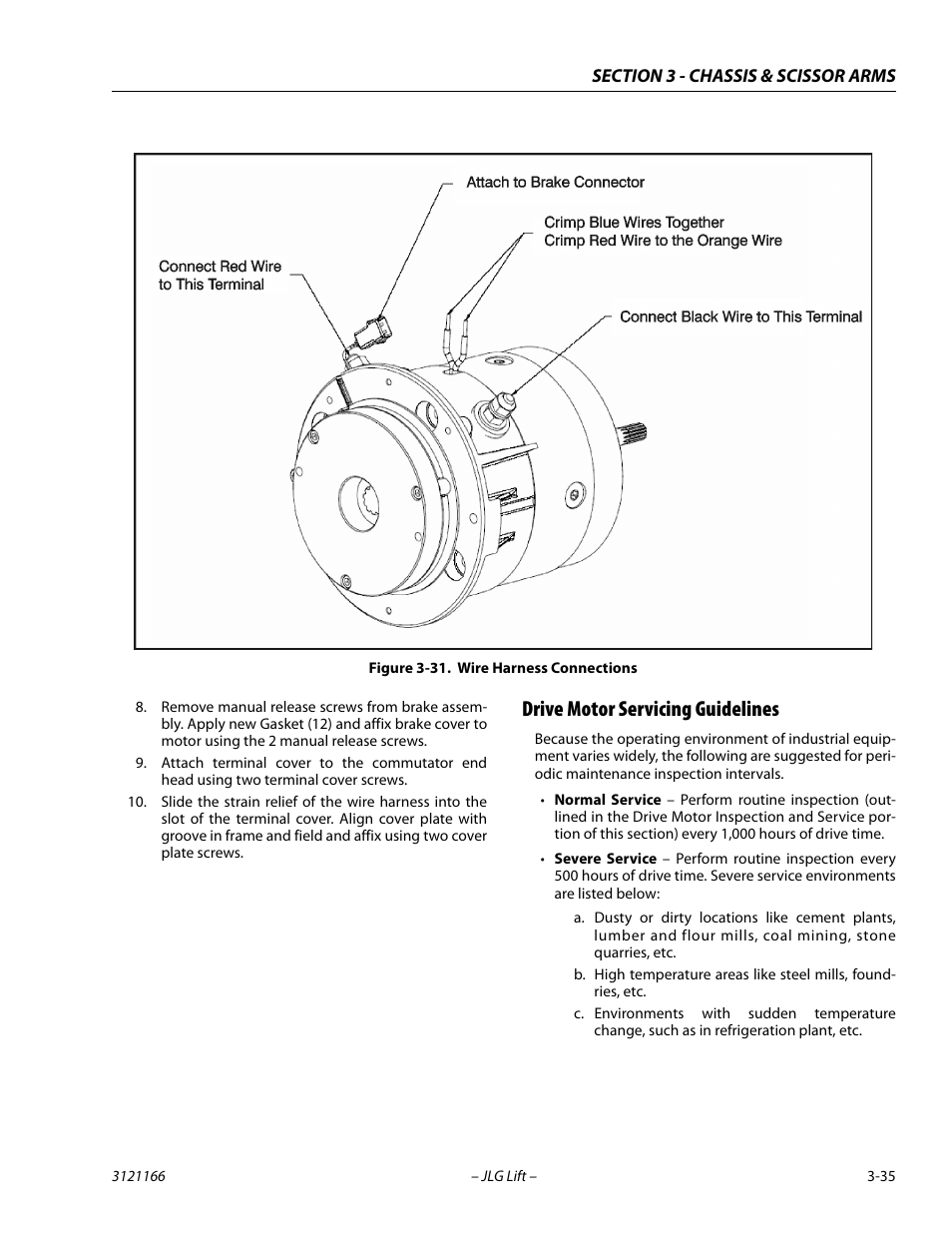 Drive motor servicing guidelines, Drive motor servicing guidelines -35, Wire harness connections -35 | Figure 3-31. t | JLG 3246ES Service Manual User Manual | Page 71 / 222