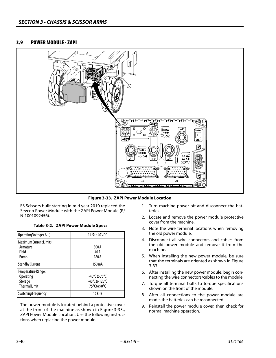 9 power module - zapi, Power module - zapi -40, Zapi power module location -40 | Zapi power module specs -40 | JLG 3246ES Service Manual User Manual | Page 76 / 222