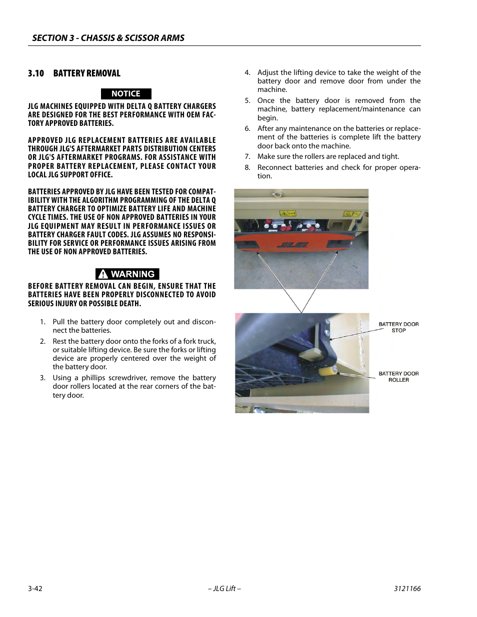 10 battery removal, Battery removal -42 | JLG 3246ES Service Manual User Manual | Page 78 / 222
