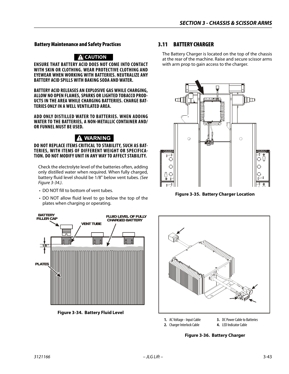 Battery maintenance and safety practices, 11 battery charger, Battery maintenance and safety practices -43 | Battery charger -43, Battery fluid level -43, Battery charger location -43 | JLG 3246ES Service Manual User Manual | Page 79 / 222