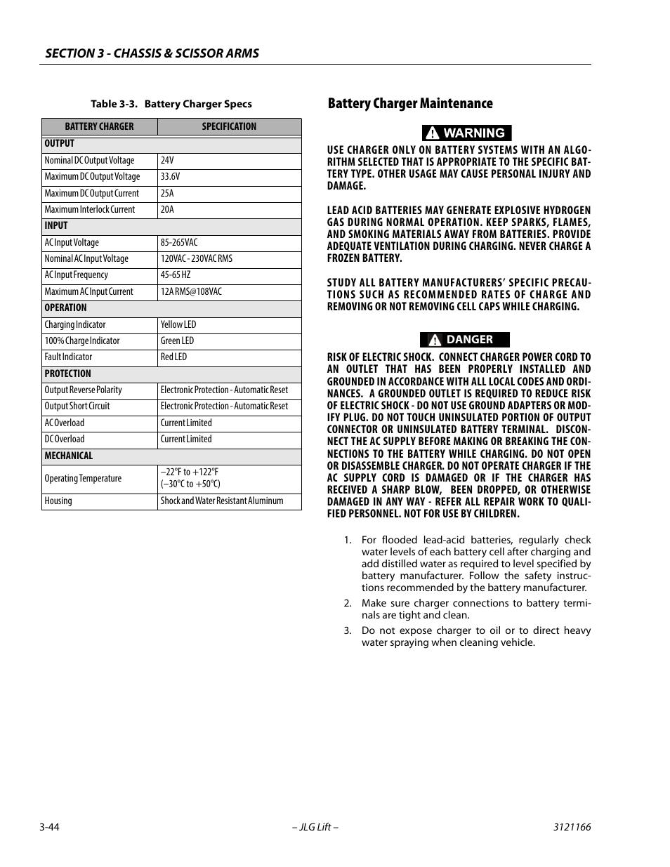 Battery charger maintenance, Battery charger maintenance -44, Battery charger specs -44 | JLG 3246ES Service Manual User Manual | Page 80 / 222