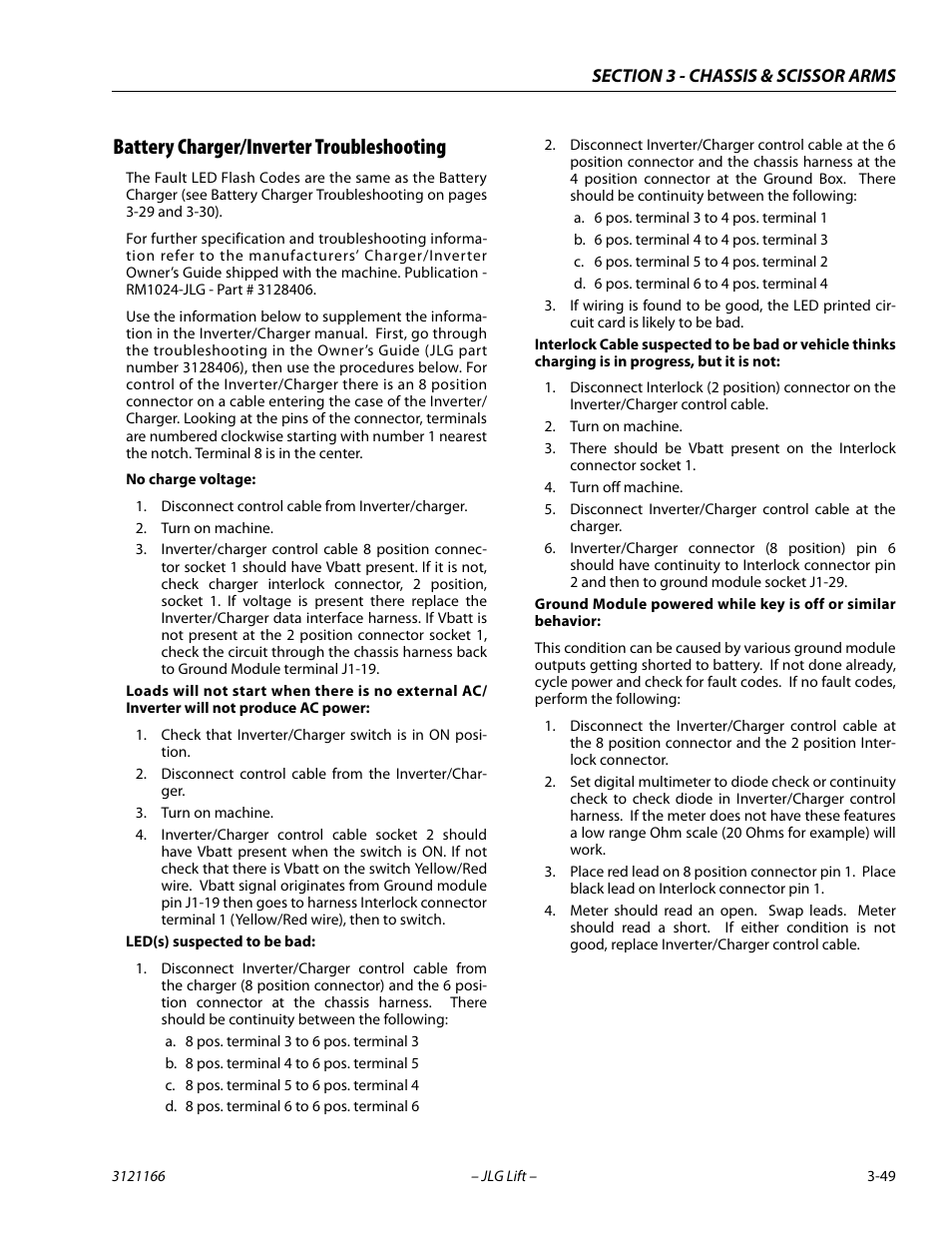 Battery charger/inverter troubleshooting, Battery charger/inverter troubleshooting -49 | JLG 3246ES Service Manual User Manual | Page 85 / 222