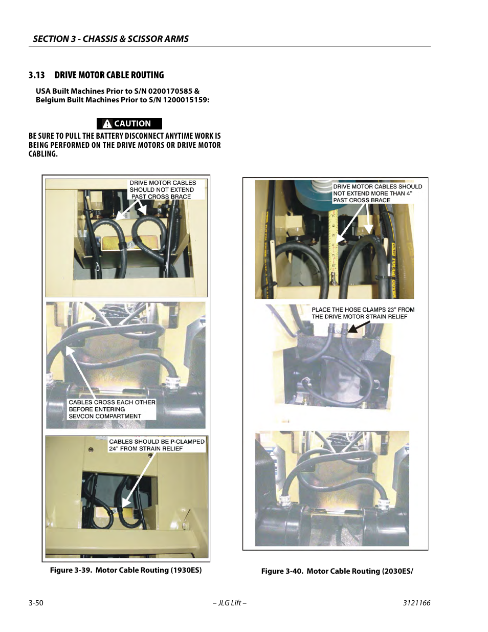 13 drive motor cable routing, Drive motor cable routing -50, Motor cable routing (1930es) -50 | Motor cable routing (2030es/2630es) -50 | JLG 3246ES Service Manual User Manual | Page 86 / 222