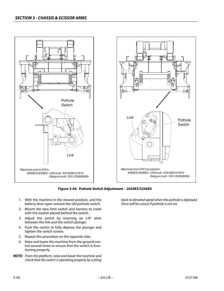 Pothole switch adjustment - 2630es/3246es -56 | JLG 3246ES Service Manual User Manual | Page 92 / 222