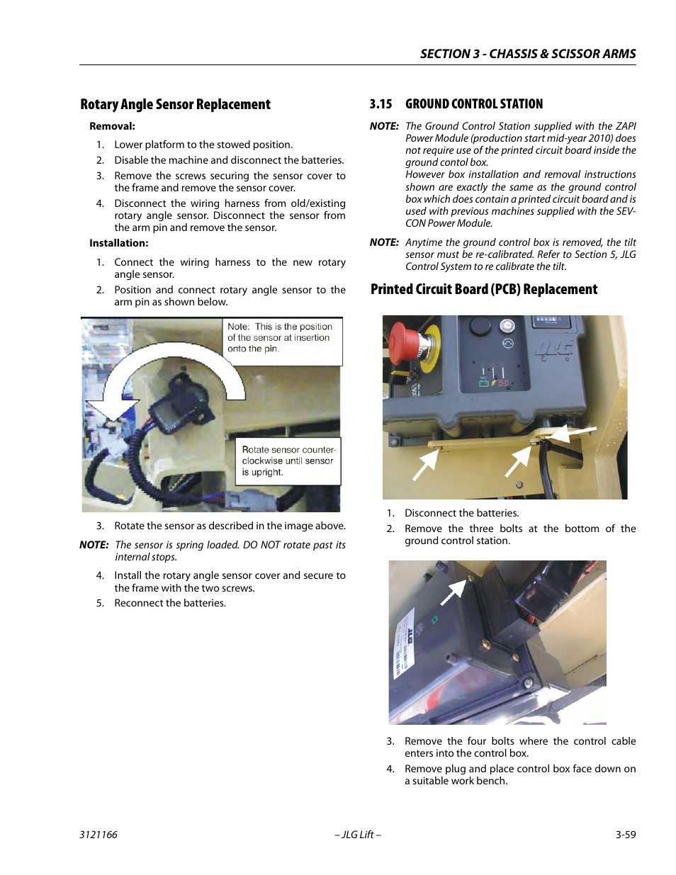 Rotary angle sensor replacement, 15 ground control station, Printed circuit board (pcb) replacement | Rotary angle sensor replacement -59, Ground control station -59, Printed circuit board (pcb) replacement -59 | JLG 3246ES Service Manual User Manual | Page 95 / 222