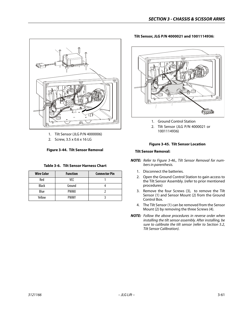 Tilt sensor removal -61, Tilt sensor location -61, Tilt sensor harness chart -61 | JLG 3246ES Service Manual User Manual | Page 97 / 222