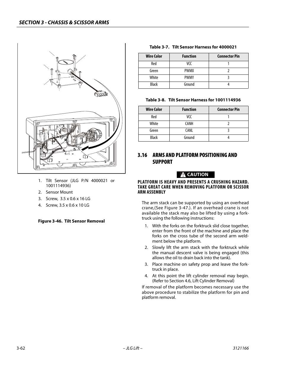 16 arms and platform positioning and support, Arms and platform positioning and support -62, Tilt sensor removal -62 | Tilt sensor harness for 4000021 -62, Tilt sensor harness for 1001114936 -62 | JLG 3246ES Service Manual User Manual | Page 98 / 222