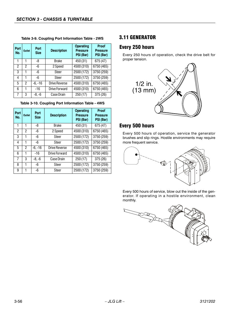 11 generator, Every 250 hours, Every 500 hours | Generator -56, Every 250 hours -56 every 500 hours -56, Coupling port information table - 2ws -56, Coupling port information table - 4ws -56, 1/2 in. (13 mm) | JLG 660SJ Service Manual User Manual | Page 106 / 334