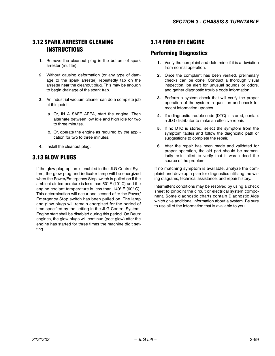 12 spark arrester cleaning instructions, 13 glow plugs, 14 ford efi engine | Performing diagnostics, Spark arrester cleaning instructions -59, Glow plugs -59, Ford efi engine -59, Performing diagnostics -59, 14 ford efi engine performing diagnostics | JLG 660SJ Service Manual User Manual | Page 109 / 334