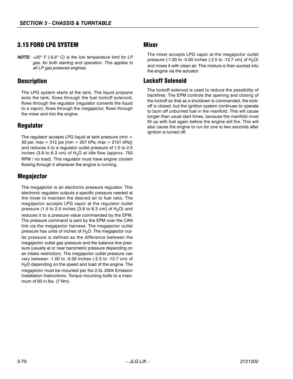 15 ford lpg system, Description, Regulator | Megajector, Mixer, Lockoff solenoid, Ford lpg system -70 | JLG 660SJ Service Manual User Manual | Page 120 / 334