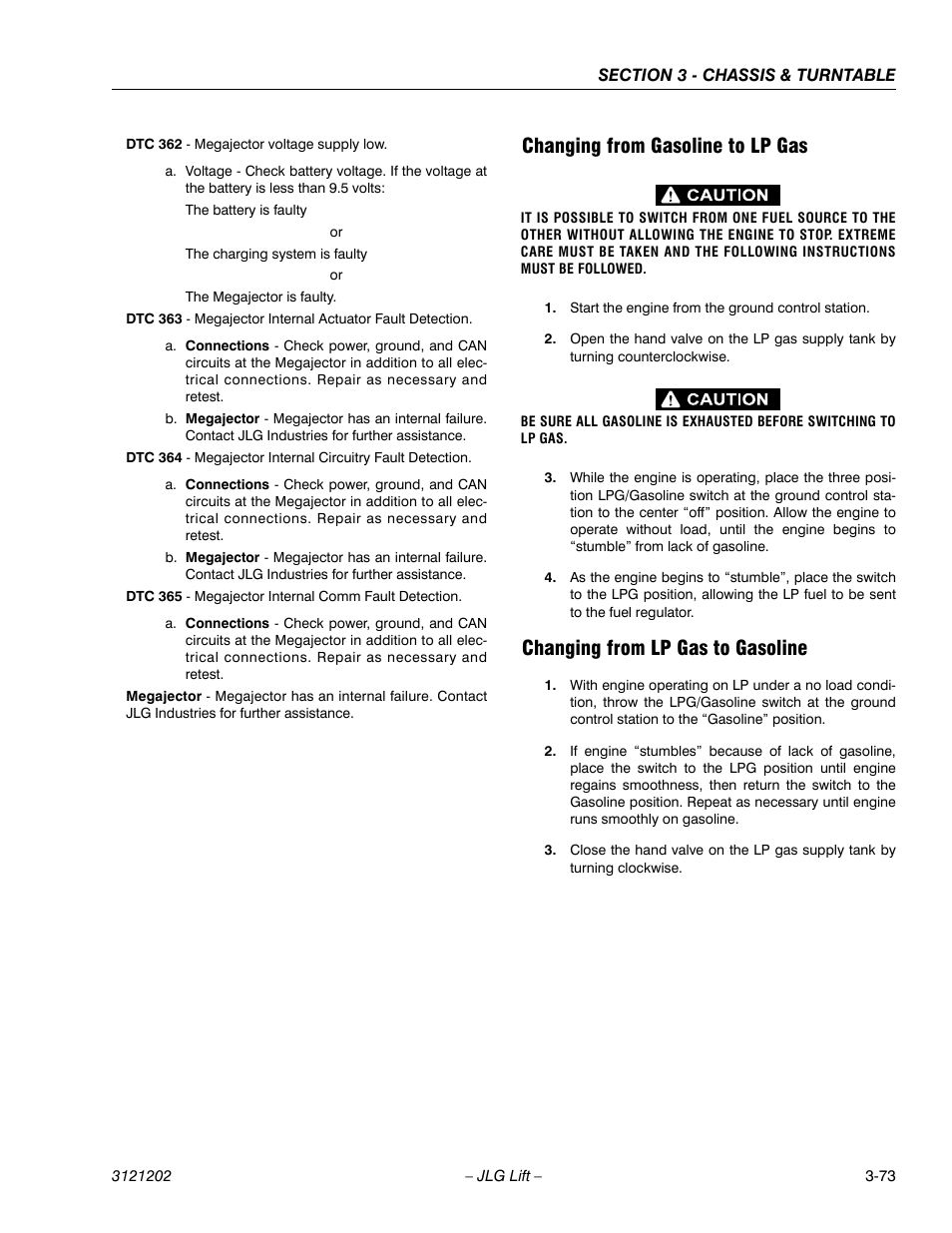 Changing from gasoline to lp gas, Changing from lp gas to gasoline | JLG 660SJ Service Manual User Manual | Page 123 / 334