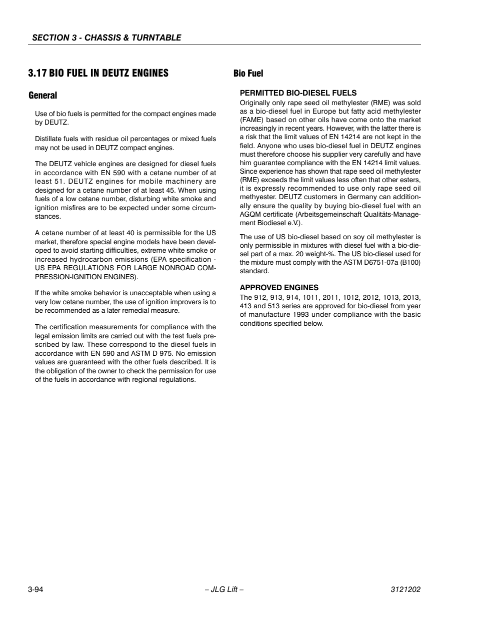 17 bio fuel in deutz engines, General, Bio fuel | Bio fuel in deutz engines -94, General -94 bio fuel -94 | JLG 660SJ Service Manual User Manual | Page 144 / 334