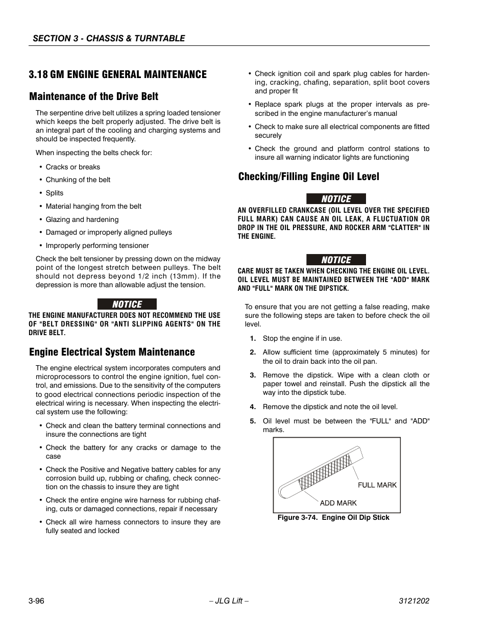 18 gm engine general maintenance, Maintenance of the drive belt, Engine electrical system maintenance | Checking/filling engine oil level, Gm engine general maintenance -96, Engine oil dip stick -96 | JLG 660SJ Service Manual User Manual | Page 146 / 334