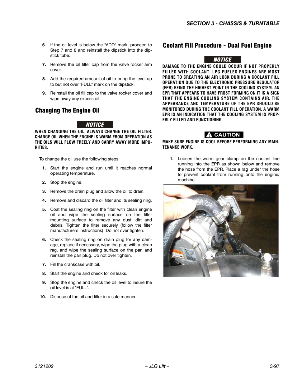 Changing the engine oil, Coolant fill procedure - dual fuel engine | JLG 660SJ Service Manual User Manual | Page 147 / 334