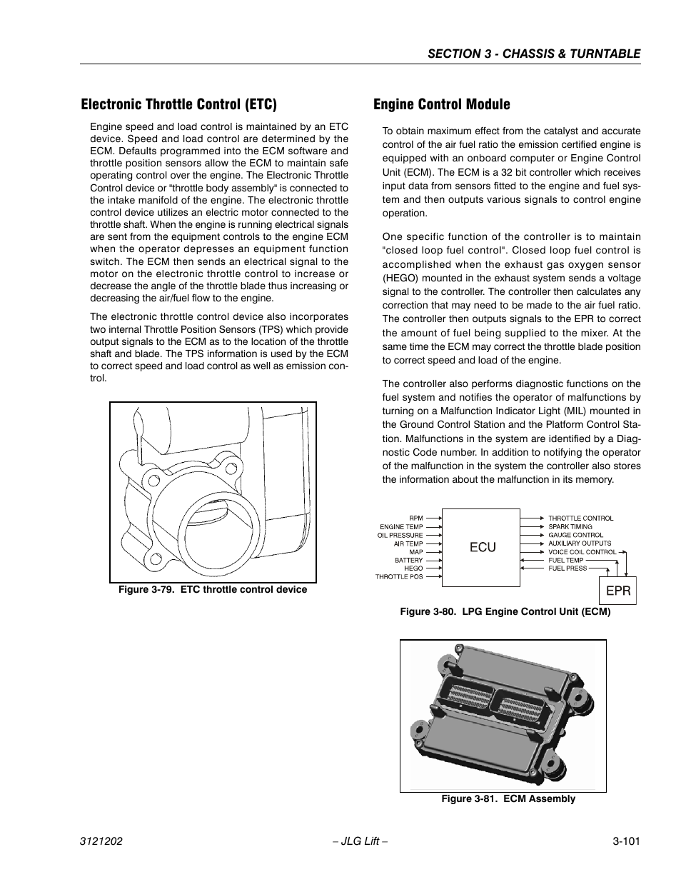 Electronic throttle control (etc), Engine control module, Etc throttle control device -101 | Lpg engine control unit (ecm) -101, Ecm assembly -101 | JLG 660SJ Service Manual User Manual | Page 151 / 334