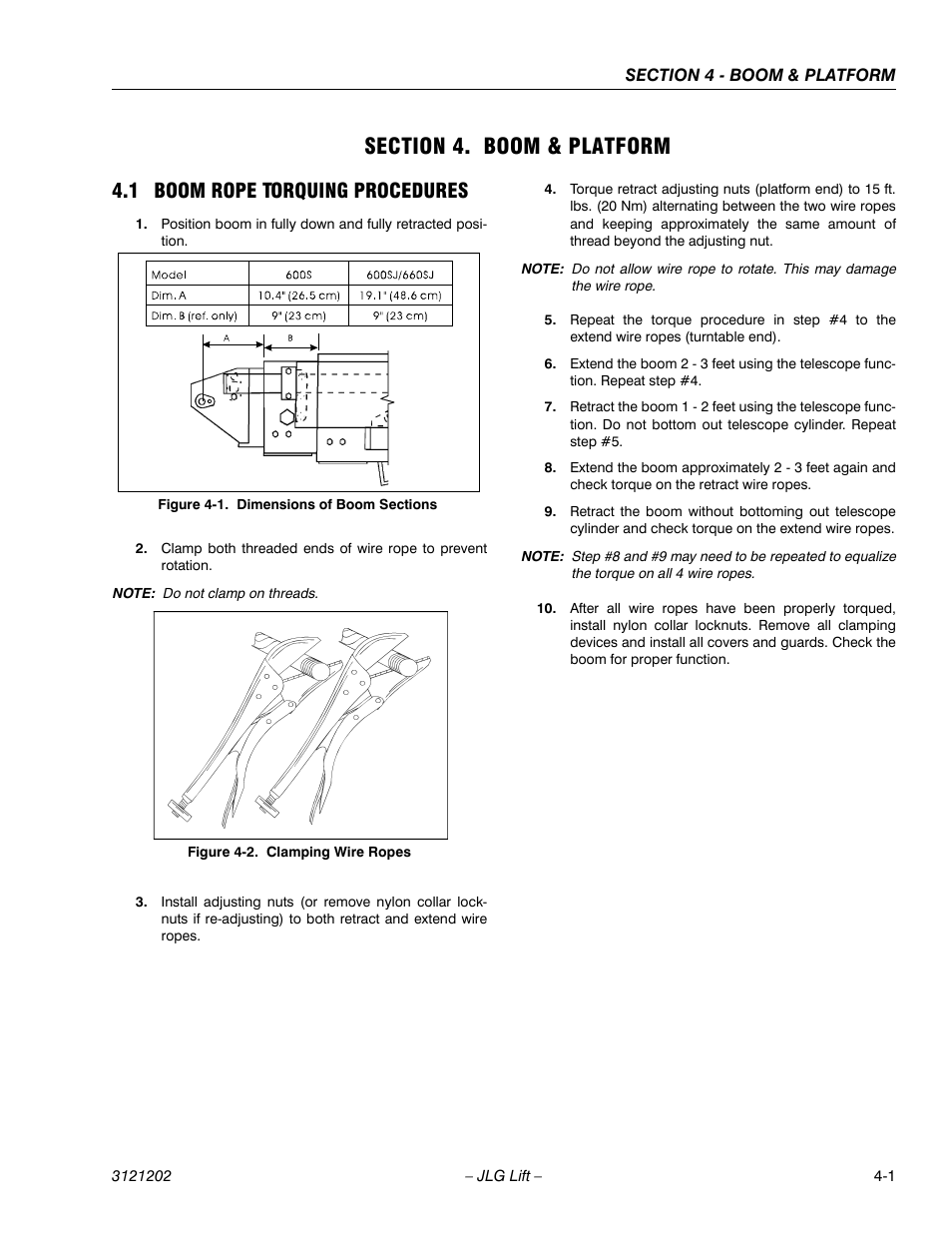 Section 4. boom & platform, 1 boom rope torquing procedures, Section 4 - boom & platform | Boom rope torquing procedures -1, Dimensions of boom sections -1, Clamping wire ropes -1 | JLG 660SJ Service Manual User Manual | Page 173 / 334