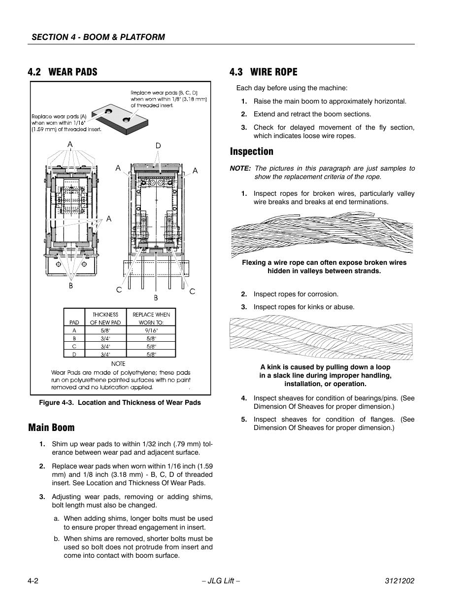 2 wear pads, Main boom, 3 wire rope | Inspection, Wear pads -2, Main boom -2, Wire rope -2, Inspection -2, Location and thickness of wear pads -2, 2 wear pads main boom | JLG 660SJ Service Manual User Manual | Page 174 / 334
