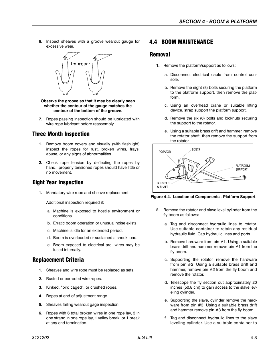 Three month inspection, Eight year inspection, Replacement criteria | 4 boom maintenance, Removal, Boom maintenance -3, Removal -3, Location of components - platform support -3, 4 boom maintenance removal | JLG 660SJ Service Manual User Manual | Page 175 / 334