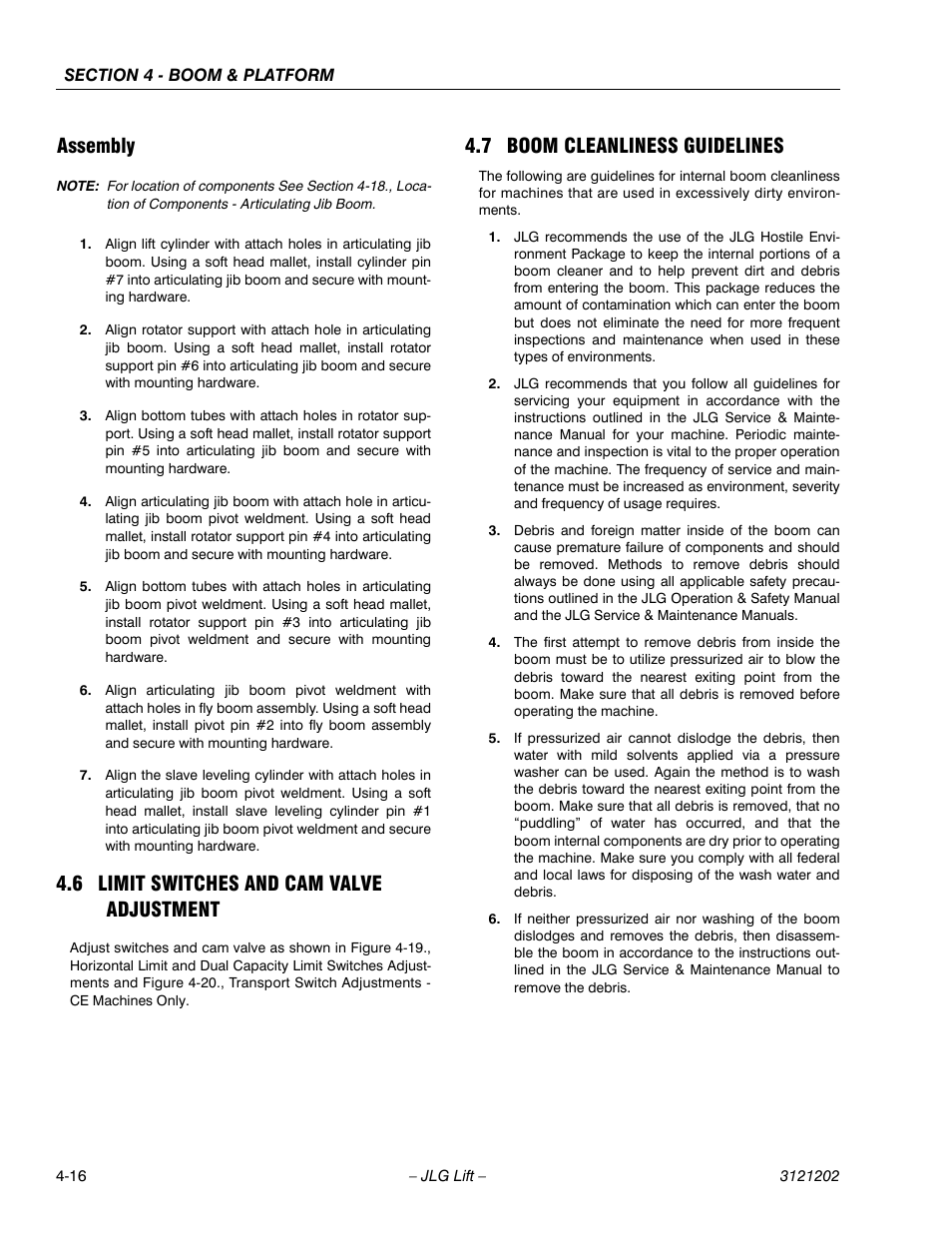 Assembly, 6 limit switches and cam valve adjustment, 7 boom cleanliness guidelines | Assembly -16, Limit switches and cam valve adjustment -16, Boom cleanliness guidelines -16 | JLG 660SJ Service Manual User Manual | Page 188 / 334
