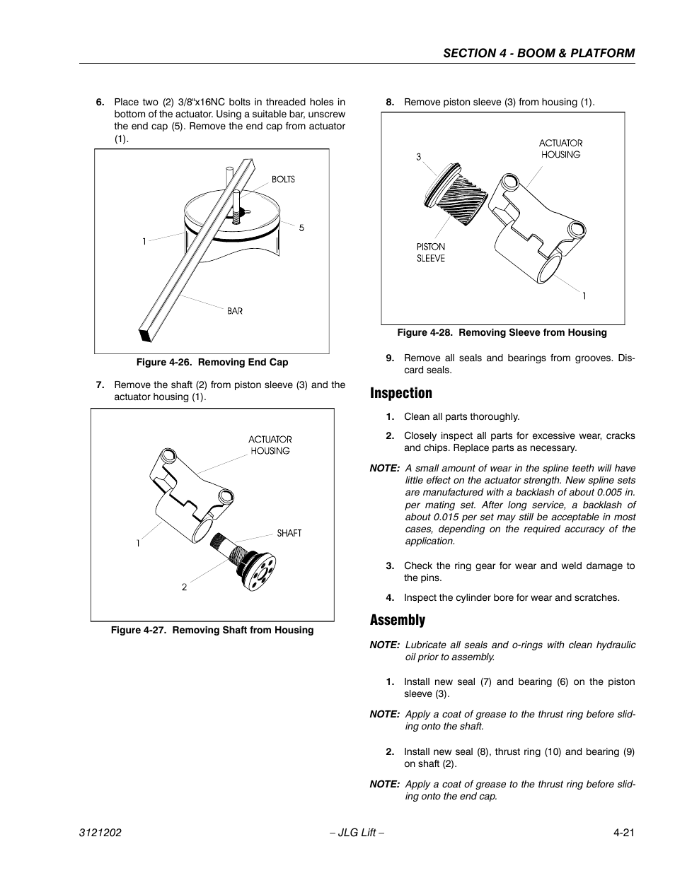 Inspection, Assembly, Inspection -21 assembly -21 | Removing end cap -21, Removing shaft from housing -21, Removing sleeve from housing -21 | JLG 660SJ Service Manual User Manual | Page 193 / 334