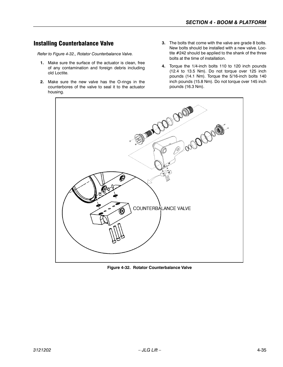 Installing counterbalance valve, Installing counterbalance valve -35, Rotator counterbalance valve -35 | JLG 660SJ Service Manual User Manual | Page 207 / 334