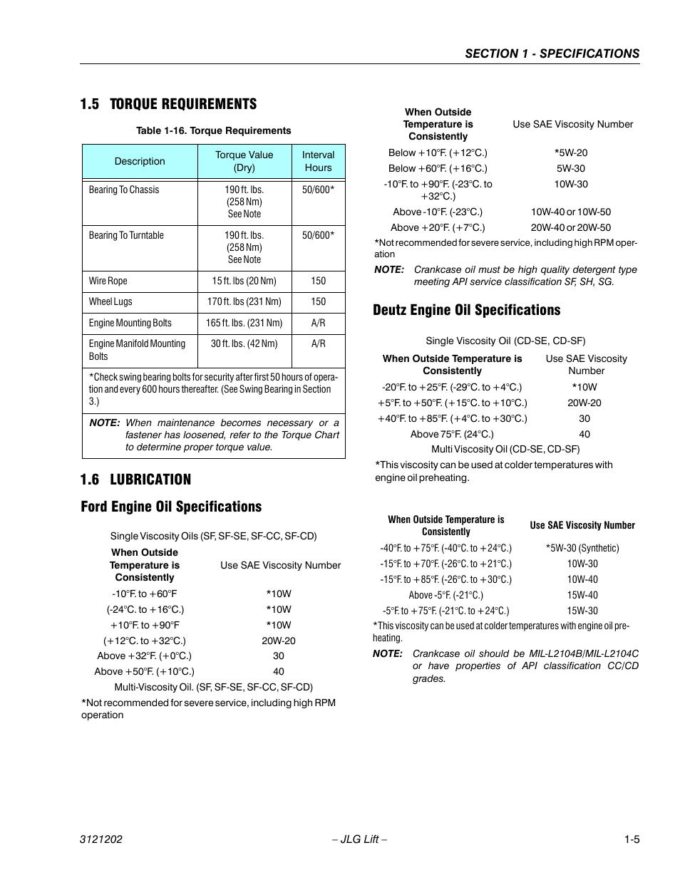 5 torque requirements, 6 lubrication, Ford engine oil specifications | Deutz engine oil specifications, Torque requirements -5, Lubrication -5 | JLG 660SJ Service Manual User Manual | Page 21 / 334