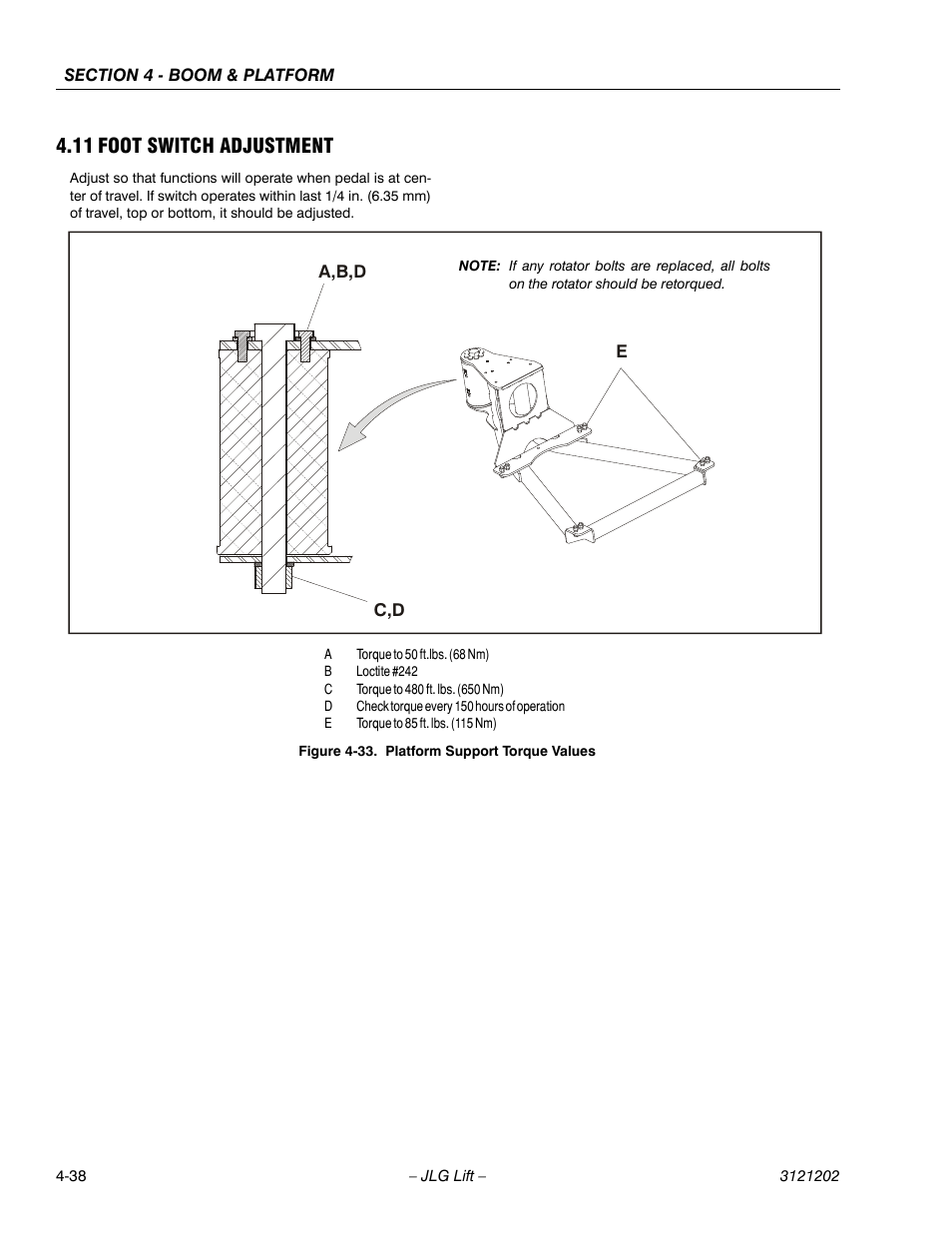 11 foot switch adjustment, Foot switch adjustment -38, Platform support torque values -38 | JLG 660SJ Service Manual User Manual | Page 210 / 334