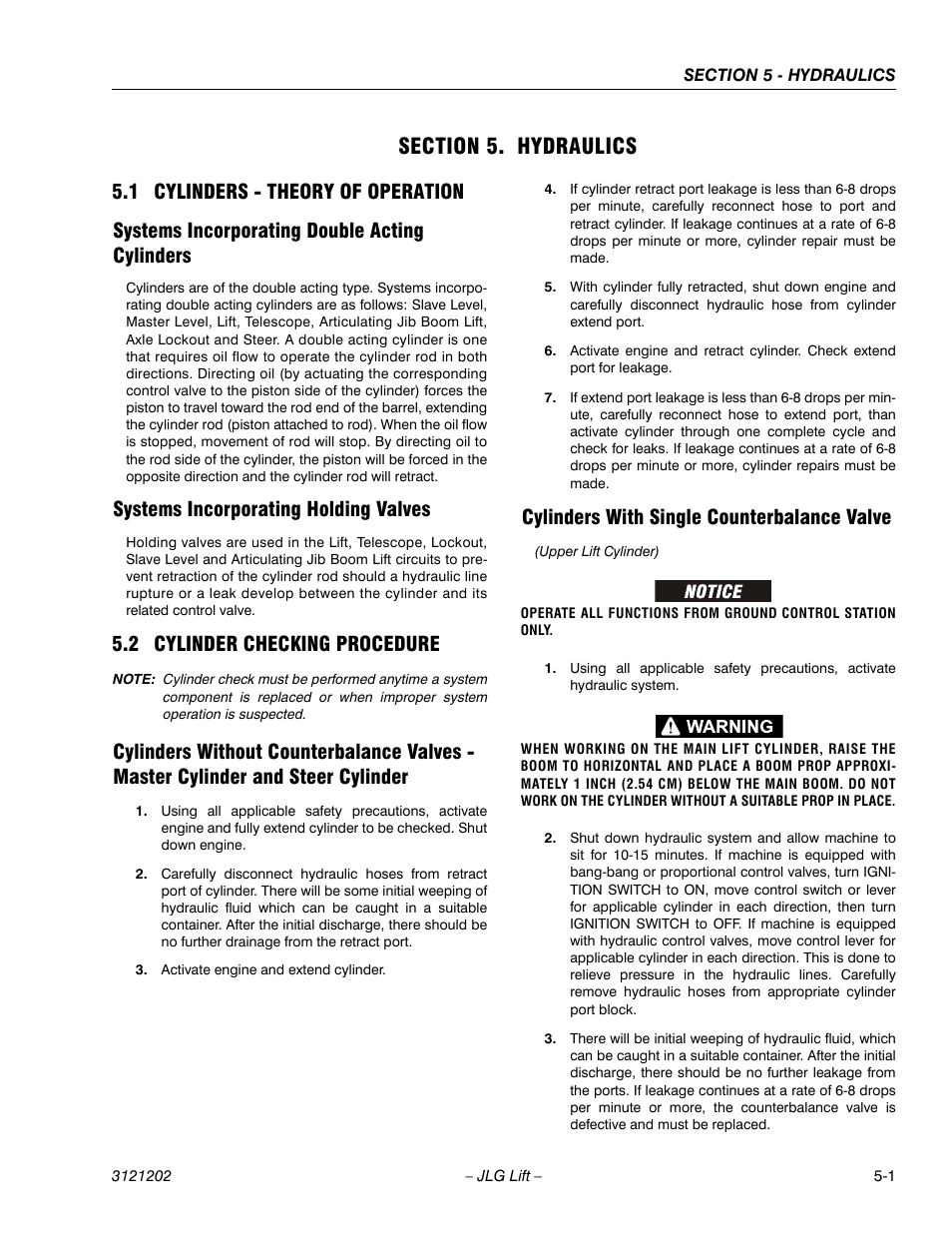 Section 5. hydraulics, 1 cylinders - theory of operation, Systems incorporating double acting cylinders | Systems incorporating holding valves, 2 cylinder checking procedure, Cylinders with single counterbalance valve, Section 5 - hydraulics, Cylinders - theory of operation -1, Cylinder checking procedure -1 | JLG 660SJ Service Manual User Manual | Page 211 / 334