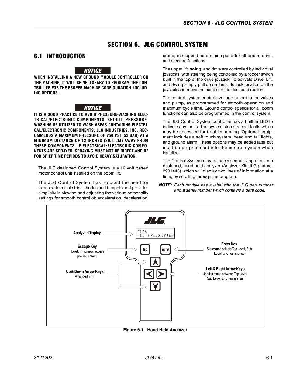 Section 6. jlg control system, 1 introduction, Section 6 - jlg control system | Introduction -1, Hand held analyzer -1 | JLG 660SJ Service Manual User Manual | Page 247 / 334