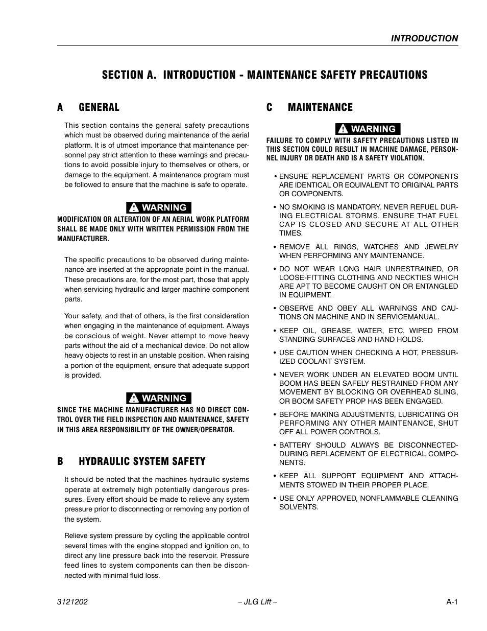 A general, B hydraulic system safety, C maintenance | Ageneral, Bhydraulic system safety, Cmaintenance | JLG 660SJ Service Manual User Manual | Page 3 / 334