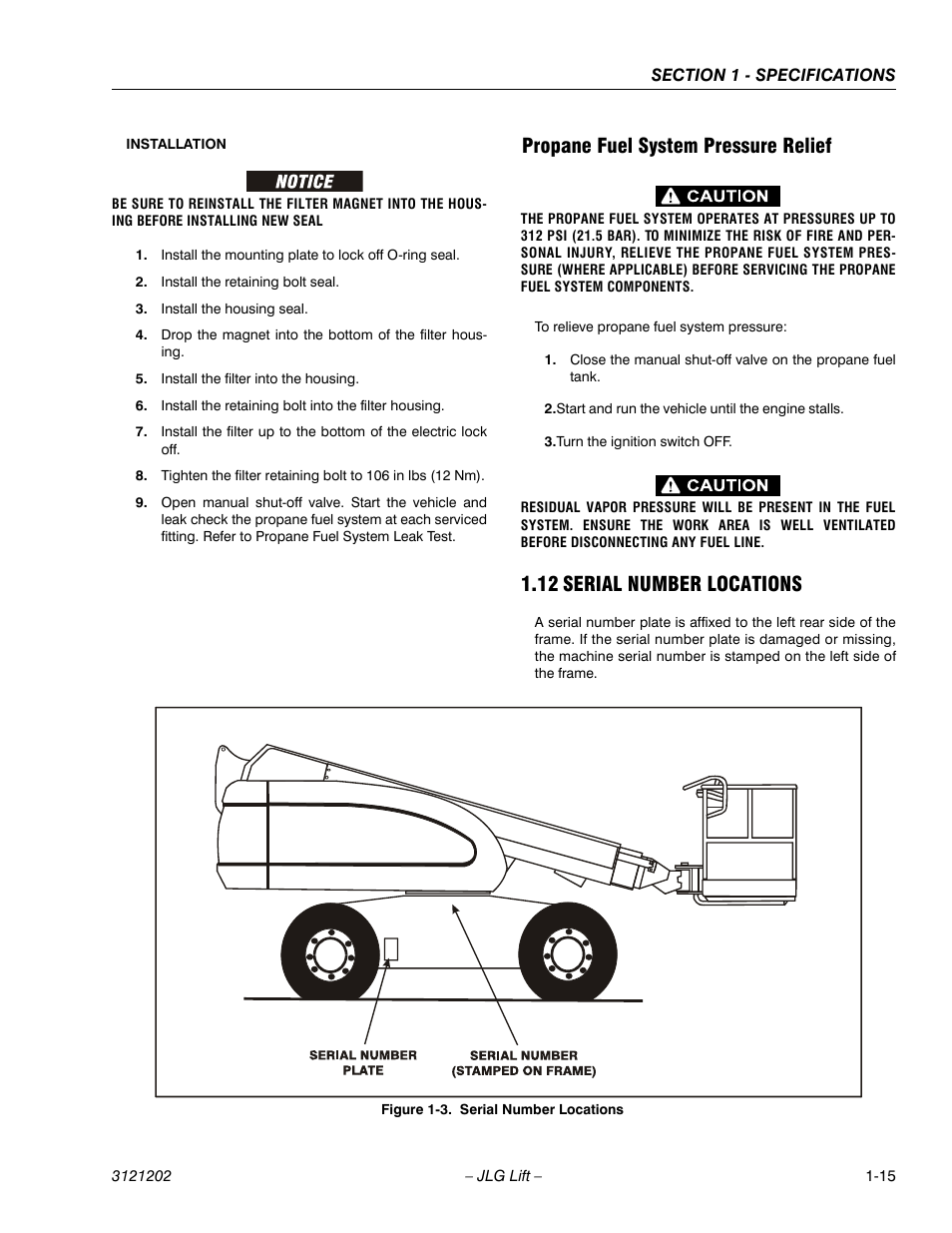 Propane fuel system pressure relief, 12 serial number locations, Propane fuel system pressure relief -15 | Serial number locations -15 | JLG 660SJ Service Manual User Manual | Page 31 / 334