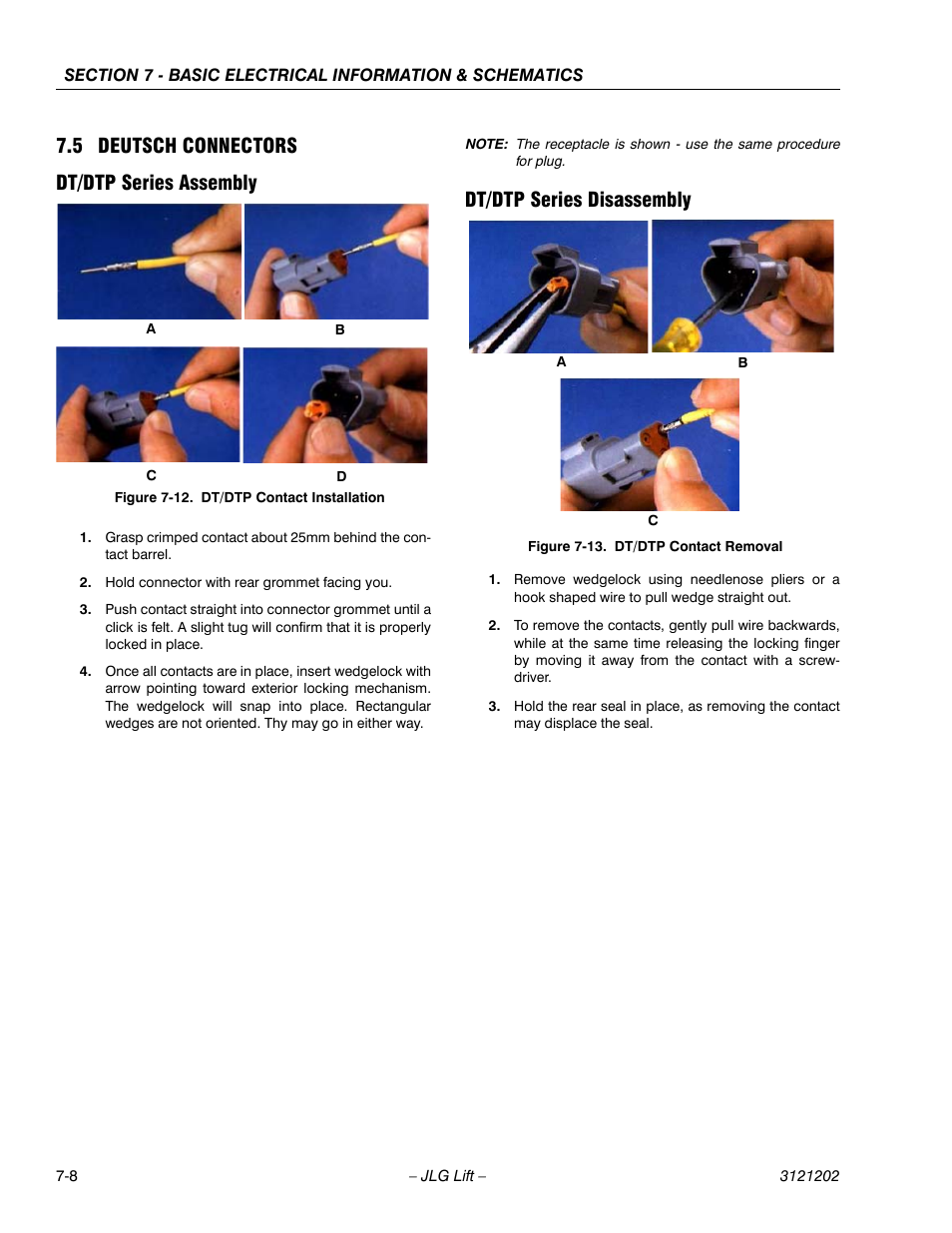 5 deutsch connectors, Dt/dtp series assembly, Dt/dtp series disassembly | Deutsch connectors -8, Dt/dtp contact installation -8, Dt/dtp contact removal -8, 5 deutsch connectors dt/dtp series assembly | JLG 660SJ Service Manual User Manual | Page 314 / 334