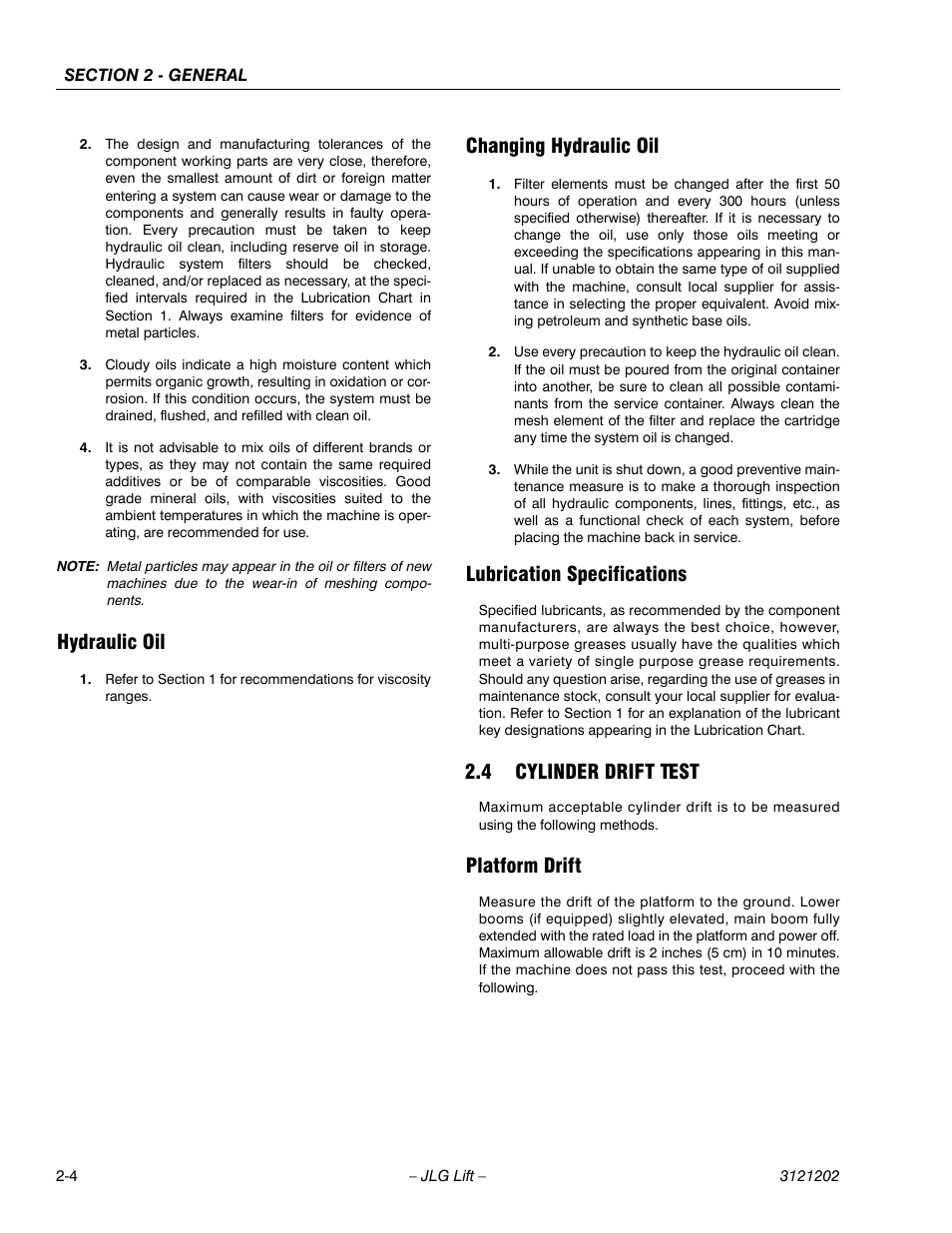 Hydraulic oil, Changing hydraulic oil, Lubrication specifications | 4 cylinder drift test, Platform drift, Cylinder drift test -4, Platform drift -4 | JLG 660SJ Service Manual User Manual | Page 42 / 334