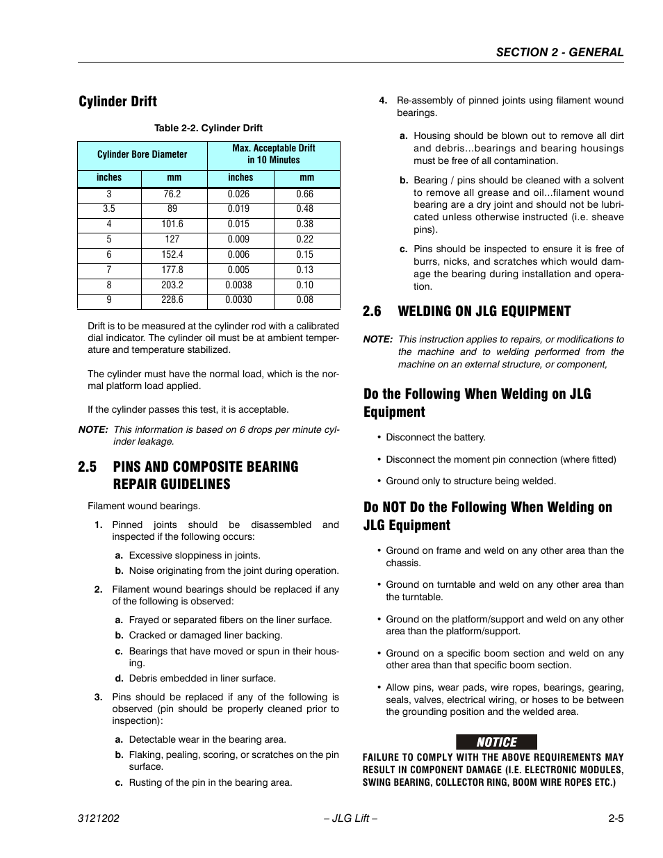 Cylinder drift, 5 pins and composite bearing repair guidelines, 6 welding on jlg equipment | Do the following when welding on jlg equipment, Cylinder drift -5, Pins and composite bearing repair guidelines -5, Welding on jlg equipment -5 | JLG 660SJ Service Manual User Manual | Page 43 / 334