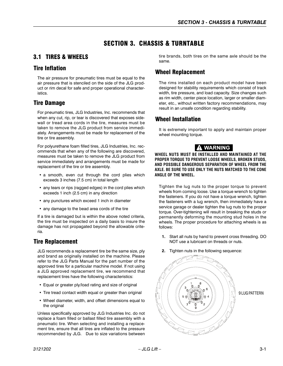 Section 3. chassis & turntable, 1 tires & wheels, Tire inflation | Tire damage, Tire replacement, Wheel replacement, Wheel installation, Section 3 - chassis & turntable, Tires & wheels -1, 1 tires & wheels tire inflation | JLG 660SJ Service Manual User Manual | Page 51 / 334