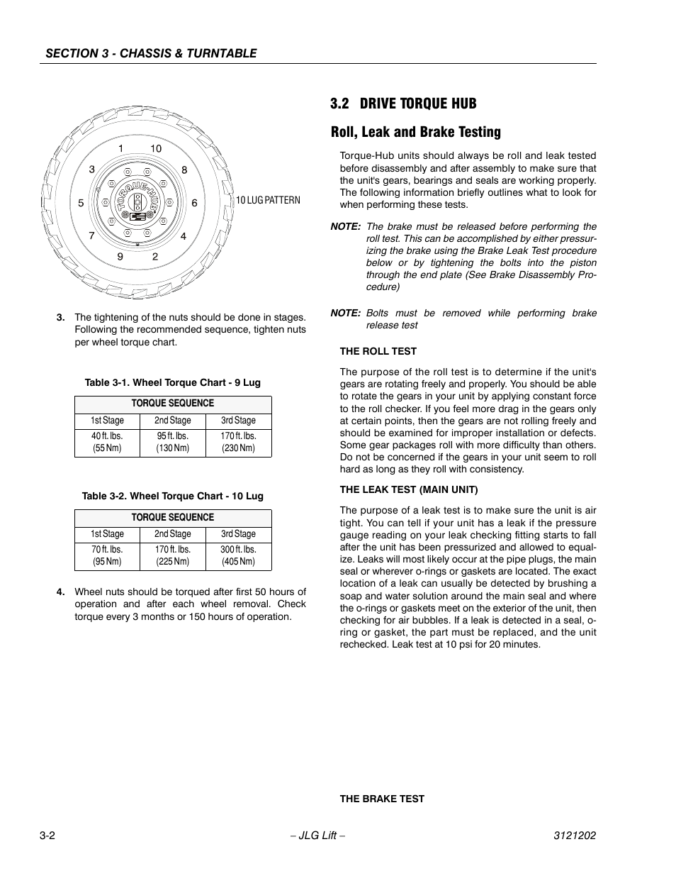 2 drive torque hub, Roll, leak and brake testing, Drive torque hub -2 | Roll, leak and brake testing -2, Wheel torque chart - 9 lug -2, Wheel torque chart - 10 lug -2, 2 drive torque hub roll, leak and brake testing | JLG 660SJ Service Manual User Manual | Page 52 / 334