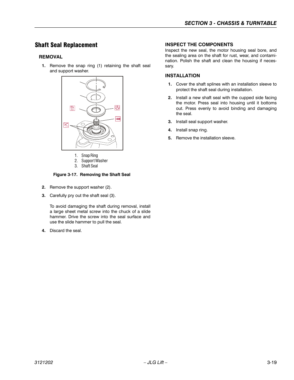 Shaft seal replacement, Shaft seal replacement -19, Removing the shaft seal -19 | JLG 660SJ Service Manual User Manual | Page 69 / 334