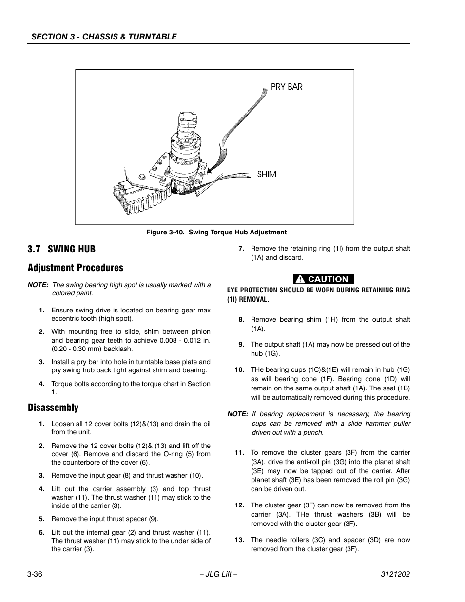 7 swing hub, Adjustment procedures, Disassembly | Swing hub -36, Adjustment procedures -36 disassembly -36, Swing torque hub adjustment -36, 7 swing hub adjustment procedures | JLG 660SJ Service Manual User Manual | Page 86 / 334