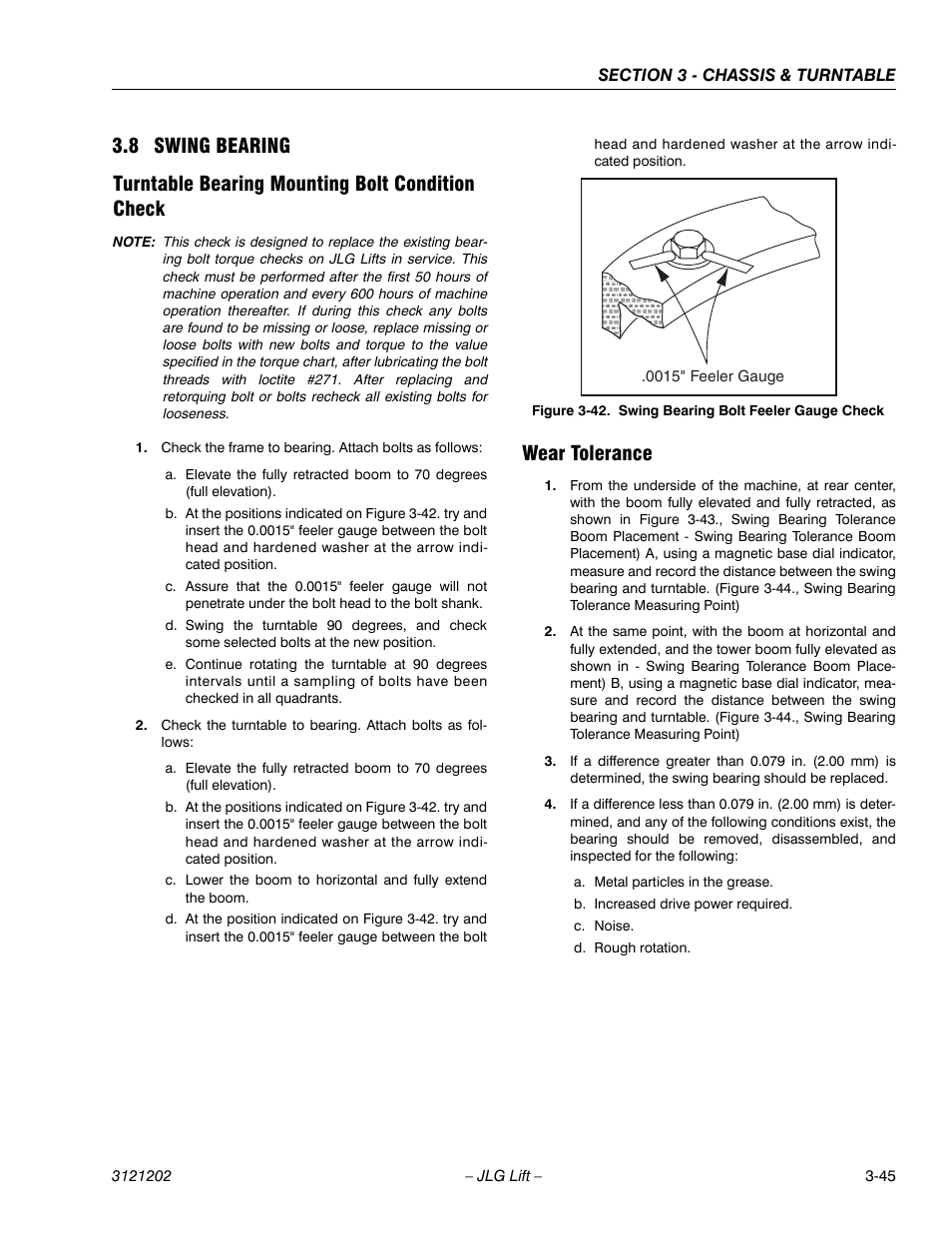 8 swing bearing, Turntable bearing mounting bolt condition check, Wear tolerance | Swing bearing -45, Swing bearing bolt feeler gauge check -45 | JLG 660SJ Service Manual User Manual | Page 95 / 334