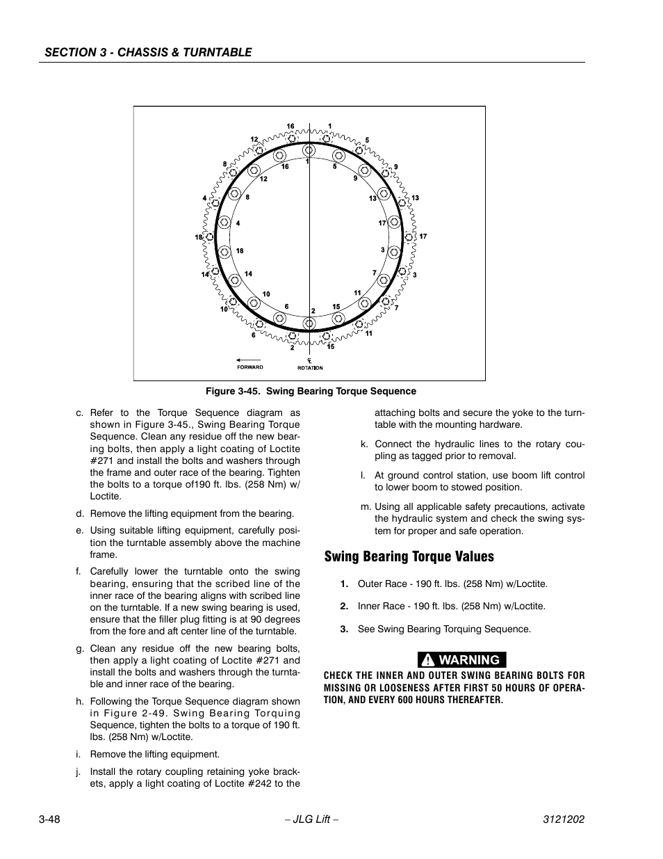 Swing bearing torque values, Swing bearing torque values -48, Swing bearing torque sequence -48 | JLG 660SJ Service Manual User Manual | Page 98 / 334