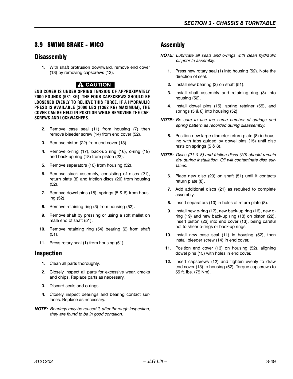 9 swing brake - mico, Disassembly, Inspection | Assembly, Swing brake - mico -49, Disassembly -49 inspection -49 assembly -49, 9 swing brake - mico disassembly | JLG 660SJ Service Manual User Manual | Page 99 / 334