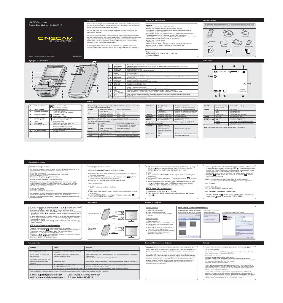 Hd dv camcorder quick start guide ahdvc01f | Aluratek AHDVC01F User Manual | Page 2 / 2