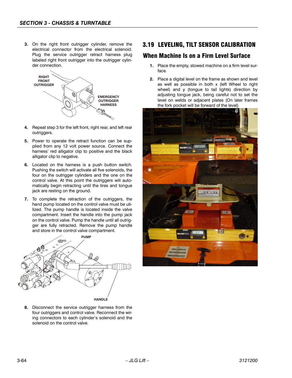 19 leveling, tilt sensor calibration, When machine is on a firm level surface, Leveling, tilt sensor calibration -64 | When machine is on a firm level surface -64 | JLG T500J Service Manual User Manual | Page 100 / 234