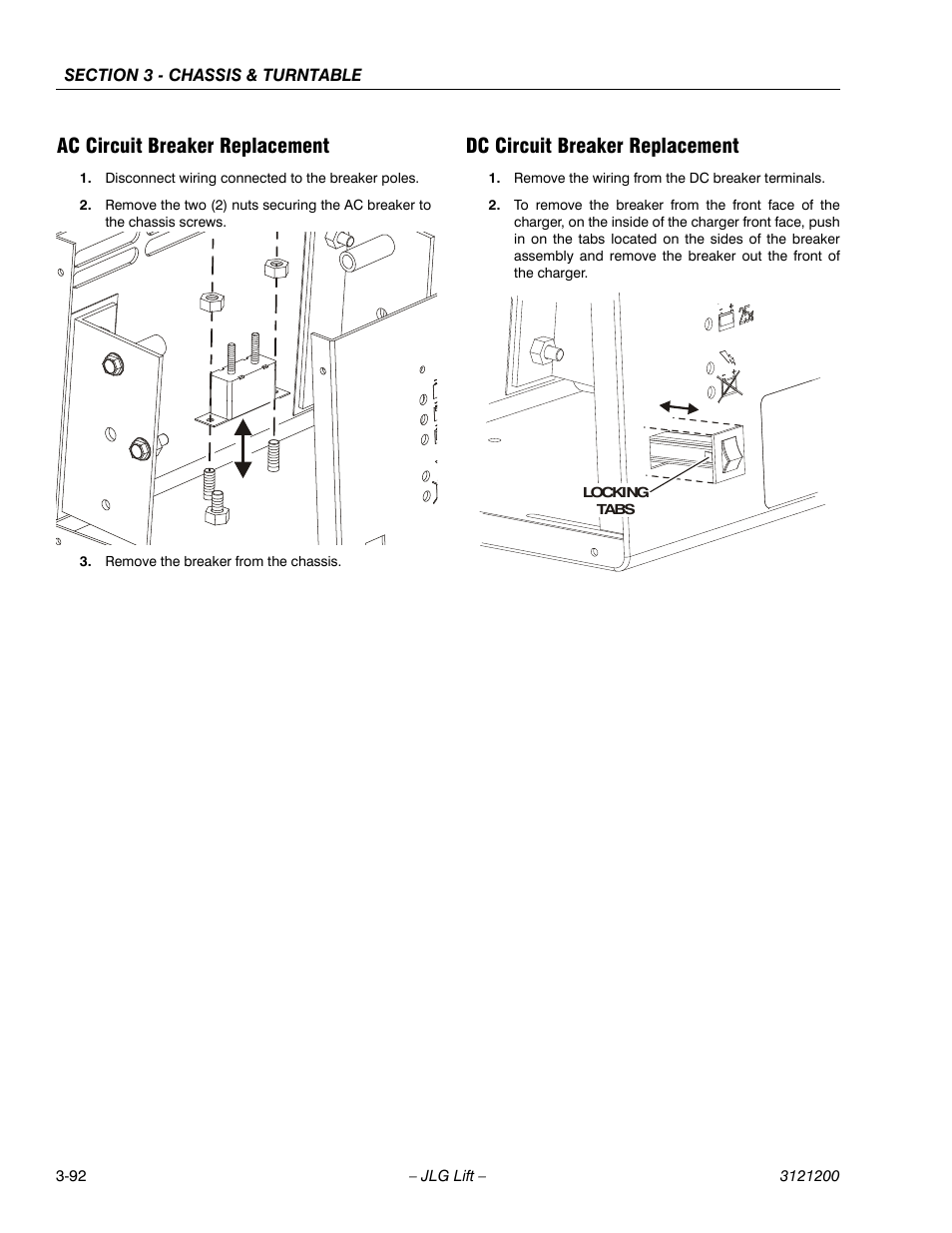 Ac circuit breaker replacement, Dc circuit breaker replacement | JLG T500J Service Manual User Manual | Page 128 / 234