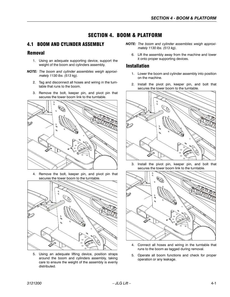 Section 4. boom & platform, 1 boom and cylinder assembly, Removal | Installation, Section 4 - boom & platform, Boom and cylinder assembly -1, Removal -1 installation -1, 1 boom and cylinder assembly removal | JLG T500J Service Manual User Manual | Page 133 / 234