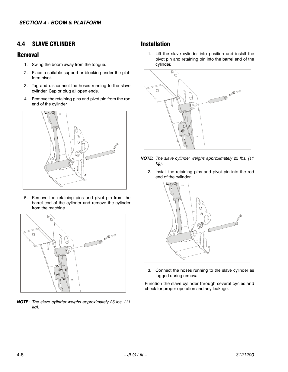 4 slave cylinder, Removal, Installation | Slave cylinder -8, Removal -8 installation -8, 4 slave cylinder removal | JLG T500J Service Manual User Manual | Page 140 / 234